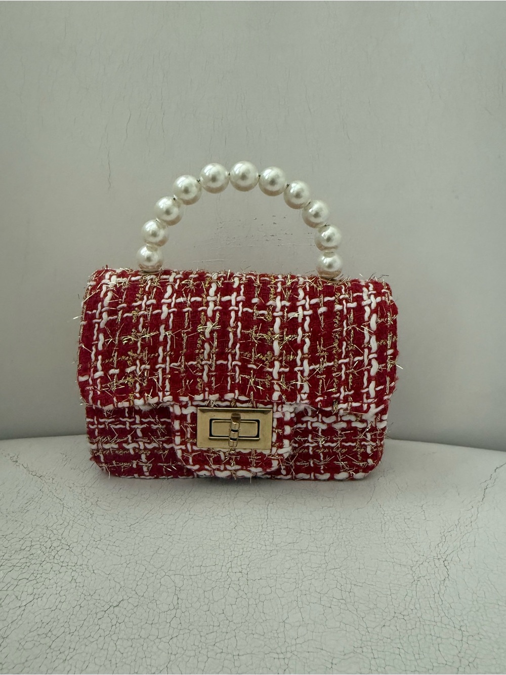 Red Tweed Pearl-Handle Mini Handbag